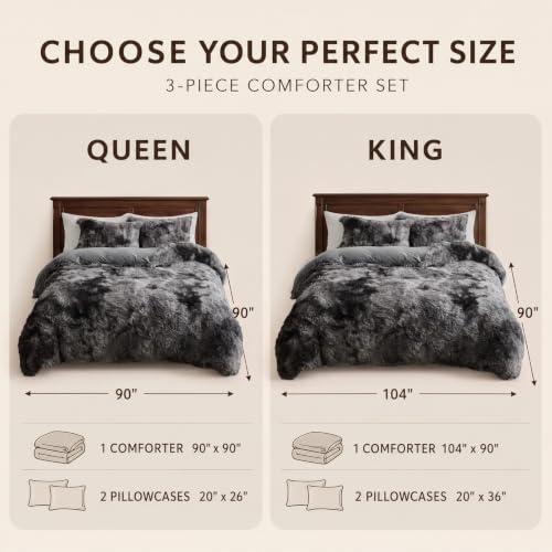 Tie-Dye Dark Grey Fluffy Queen Comforter Set - Luxurious Plush Bedding with Pillowcases