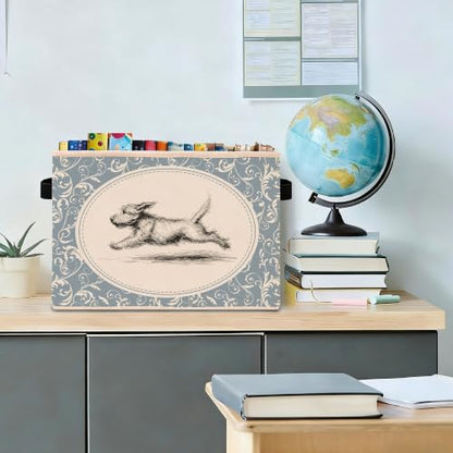 Wire Fox Terrier Storage Bin with Vintage Blue Pattern – Foldable Fabric Basket, Running Terrier Sketch