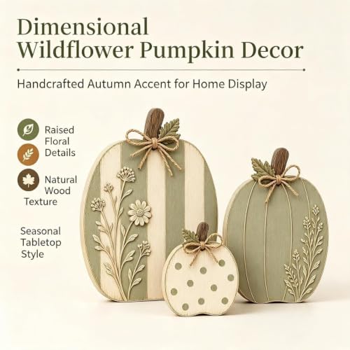 Wooden Pumpkin Decor Set - Rustic Fall Autumn Centerpieces, Sage & Cream