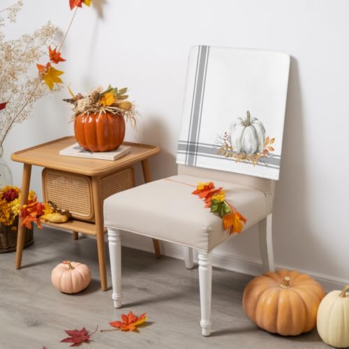 Set of 4 Fall Pumpkin Chair Covers - White & Grey Halloween & Thanksgiving Decor