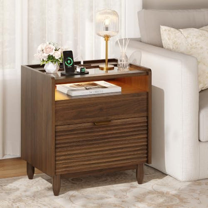 iPormis Walnut Fluted Nightstand with Charging Station, 2 Drawers & LED Glass – Walnut