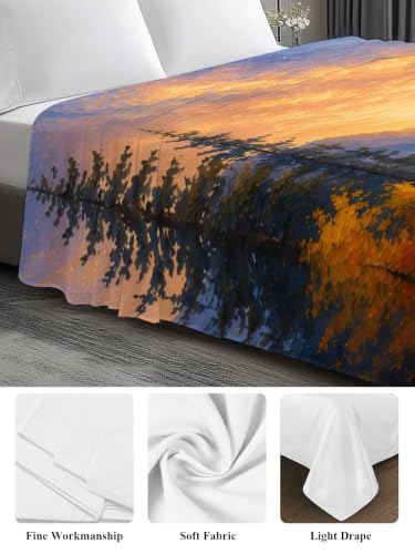 Blue King Size Flat Sheet - Microfiber Breathable Bedding with Mountain Landscape