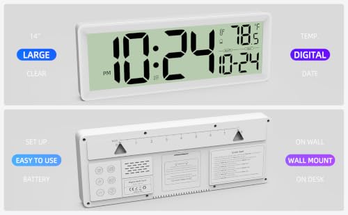 White 14-Inch Digital Wall Clock with Temperature, Date, DST - Silent, Easy Read