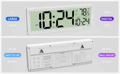 White 14-Inch Digital Wall Clock with Temperature, Date, DST - Silent, Easy Read