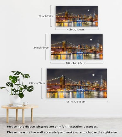 Brooklyn Bridge Night Skyline Canvas Wall Art - 58x29 Inches Colorful