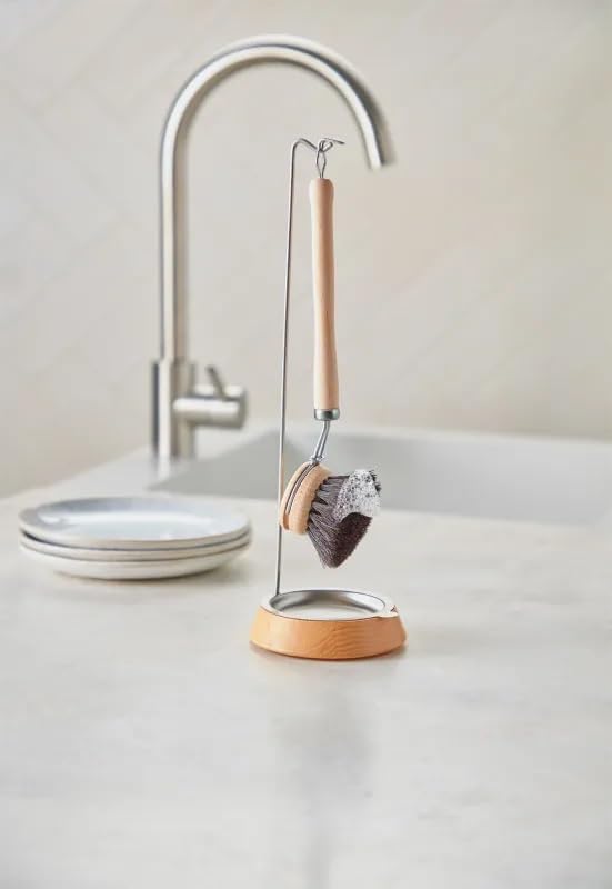 Redecker Dish Brush Stand with Beechwood Base and Stainless Steel Drip Tray