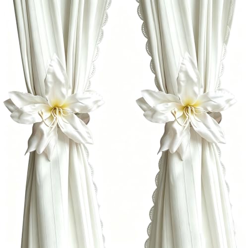 2Pcs White Bow Curtain Tiebacks Lace Ribbon Decorative Holdbacks for Bedroom