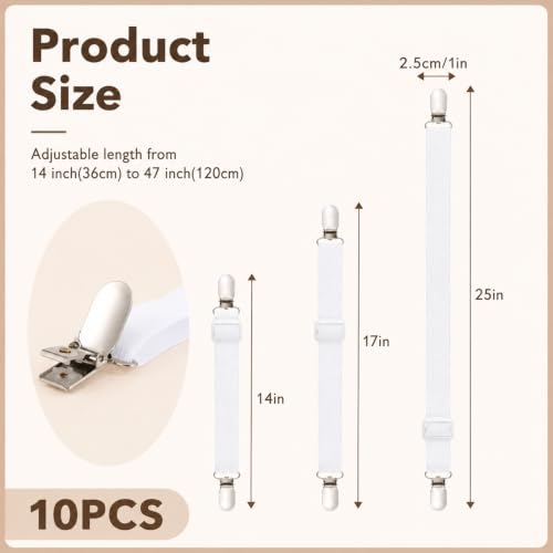 Adjustable Bed Sheet Straps Clips - Elastic Mattress Fasteners, White