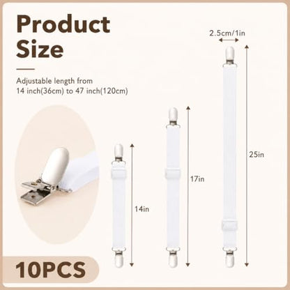 Adjustable Bed Sheet Straps Clips - Elastic Mattress Fasteners, White