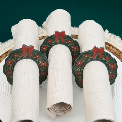 Christmas Wreath Birch Wood Napkin Rings 12Pcs - Green Holiday Table Decor