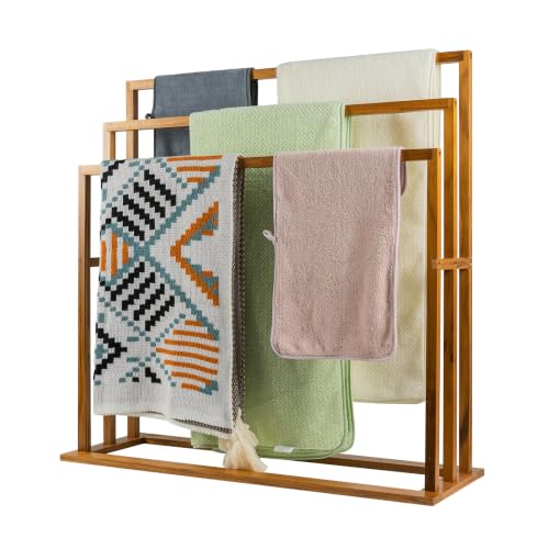 Large Teak Standing Towel Rack - Freestanding Bathroom Drying Organizer
