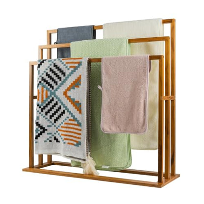 Large Teak Standing Towel Rack - Freestanding Bathroom Drying Organizer