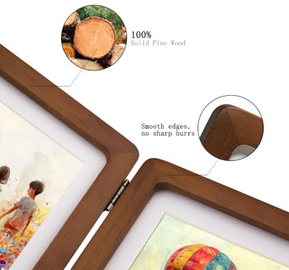 Walnut Hinged Double Picture Frame 2.5x3.5 with Real Glass - Free-Standing Tabletop Display