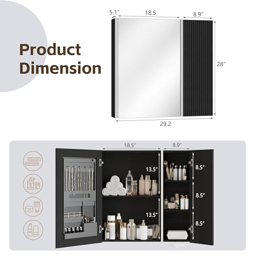 Bathroom Medicine Cabinet with Mirror and LED Lights, 29x28 Black - Wall-Mounted Vanity Storage