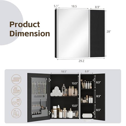 Bathroom Medicine Cabinet with Mirror and LED Lights, 29x28 Black - Wall-Mounted Vanity Storage