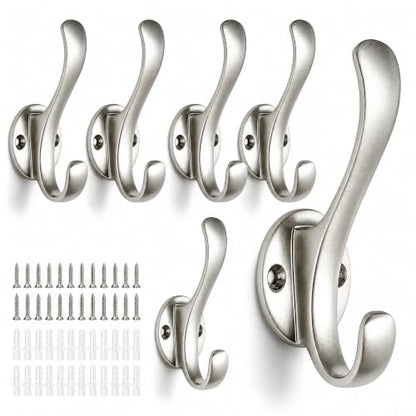Heavy Duty Coat Hooks 6 Pack - Brushed Nickel Wall Mount Aluminum Hangers