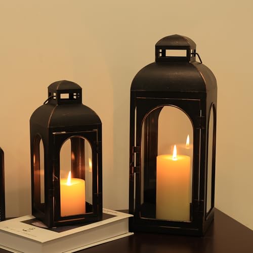 NEEDOMO Decorative Indoor & Outdoor Lanterns Set of 2 - 20"/13"H Metal Frame Candle Holders with Glass for Porch, Spring, Fall, Christmas