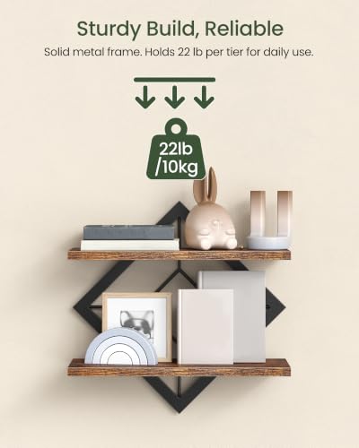 Diamond-Shaped Floating Wall Shelves Set of 2 - Rustic Brown & Black