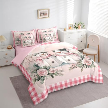 Pink Snowman Bedding Set Twin Size with Comforter and Sheets - Christmas Kids Room Decor