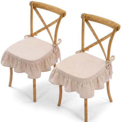 Farmhouse Beige Ruffled Chair Cushion Covers 17.5 x 17.5 Inches - Set of 2