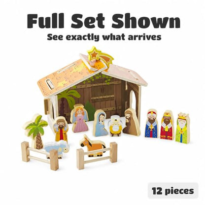 Nativity Scene Christmas Wooden Set with Barn - 12 Piece Holiday Decor