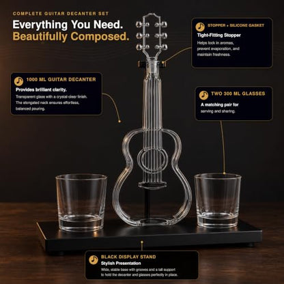 Guitar-Shaped Whiskey Decanter 1000ML Glass Spirit Bottle with Mahogany Base