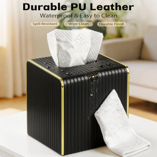 Black Square Tissue Box Cover - Modern Leather Tissue Holder for Home Office Car