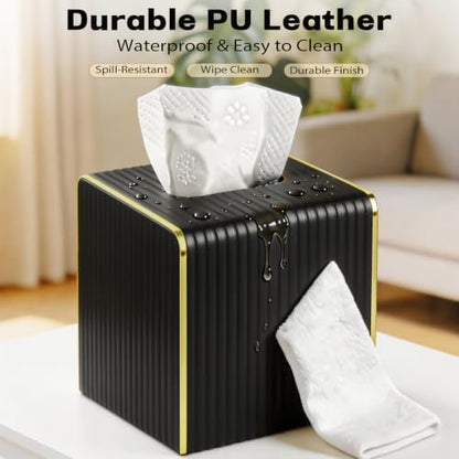 Black Square Tissue Box Cover - Modern Leather Tissue Holder for Home Office Car
