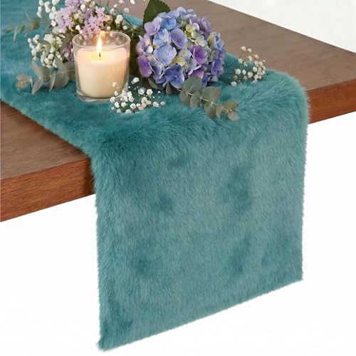 Teal Blue Faux Fur Table Runner 11.8 x 70.9 Inches Fluffy Shaggy Decor