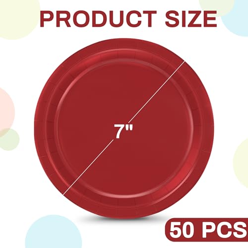 Heavy Duty Red Paper Plates 7 Inch - Pack of 50, Disposable Party Dinnerware