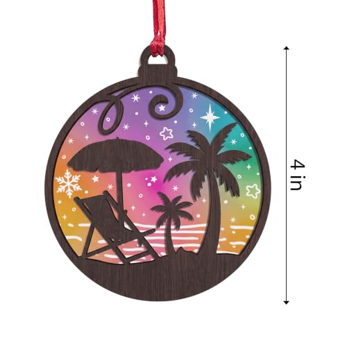 Beach Palm Christmas Ornament - Coastal Holiday Tree Decor, 4 Inch Plywood & Frosted Acrylic