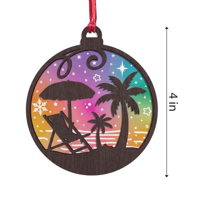 Beach Palm Christmas Ornament - Coastal Holiday Tree Decor, 4 Inch Plywood & Frosted Acrylic