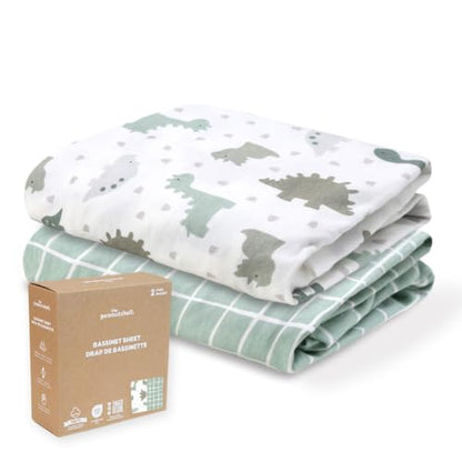 Organic Cotton Bassinet Sheets Boy - Sage Dino 2-Pack Baby Bed Sheets