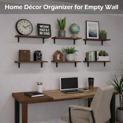 Set of 6 Wooden Floating Wall Shelves - Rustic Farmhouse Wall Storage