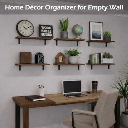 Set of 6 Wooden Floating Wall Shelves - Rustic Farmhouse Wall Storage