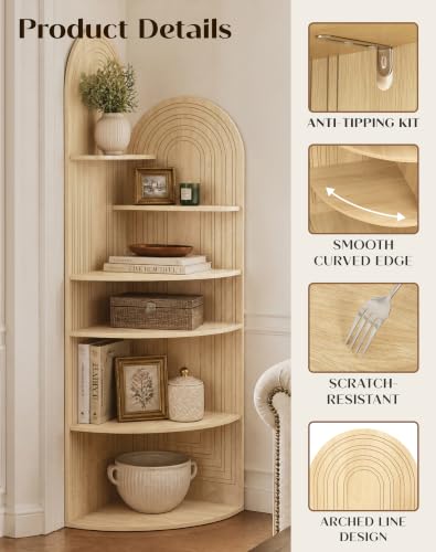 6-Tier Corner Shelf - Arched Display Bookcase in Oak Finish