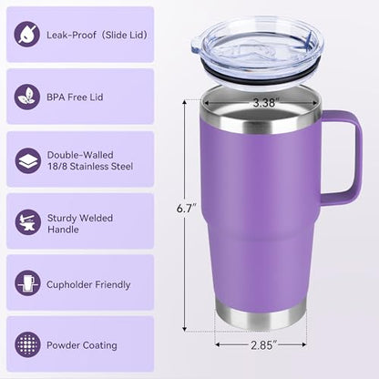Purple 20oz Stainless Steel Insulated Travel Mug with Handle - Bulk 12 Pack