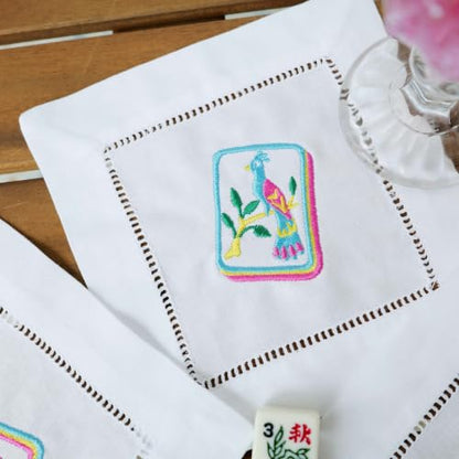 Set of 4 Mahjong Embroidered Cotton Cocktail Napkins - 6x6 Inches, Reusable & Eco-Friendly Table Decor