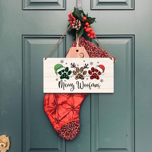 Merry Woofmas Dog Paws Christmas Door Sign Outdoor Wall Decor - Dog Lover Gift