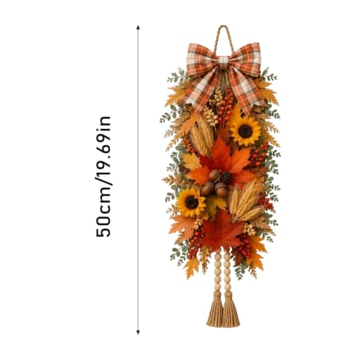 Rustic Wooden Fall Door Swag with Sunflowers, Maple Leaves & Acorns