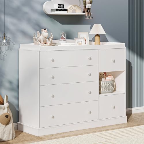 Kids Dresser Cabinet with 6 Drawers and Changing Table - Nursery Furniture, White