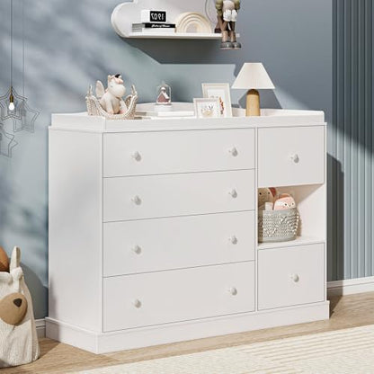 Kids Dresser Cabinet with 6 Drawers and Changing Table - Nursery Furniture, White