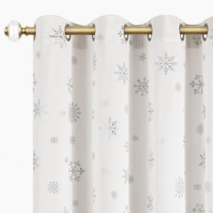 Christmas Curtains 84 Inch Silver Snowflake Foil Print White Velvet - White/Silver Snowflake