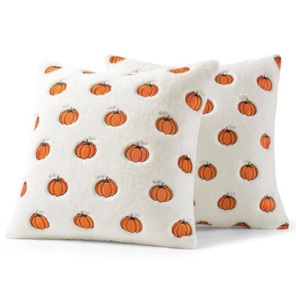 Fall Pumpkin Embroidered Pillow Cover 18x18 Bright Orange & White Set of 2
