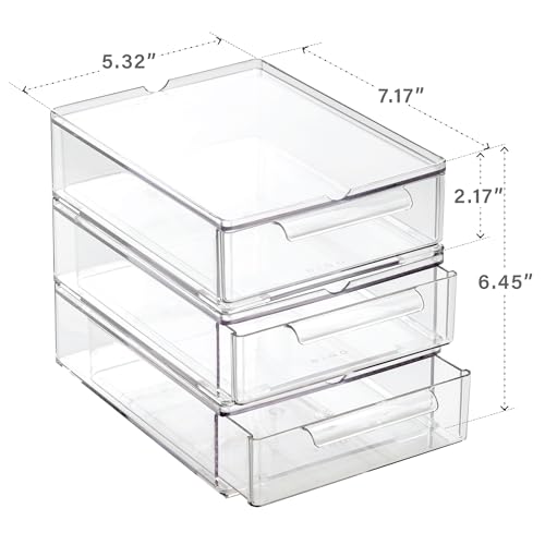 Small Clear Stackable Storage Drawers Set of 6 - Plastic Organizer with Handles
