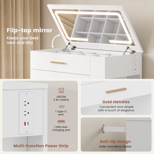 4-in-1 Vanity Desk with Mirror, LED Lights & Storage Stool