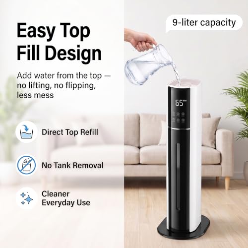 White Large Room Humidifier 2.38Gal/9L Cool Mist with Remote & Essential Oil Tray
