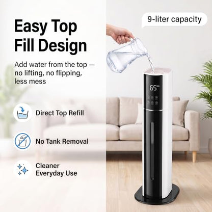 White Large Room Humidifier 2.38Gal/9L Cool Mist with Remote & Essential Oil Tray