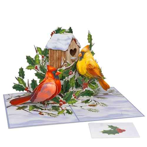 Two Cardinals Pop Up Card, Merry Christmas, Birdhouse, Winterberry Branch, Snow, 3D Greeting Card, Ideal Gift for Xmas Season, Table Decorations, 5x7 - Includes Envelope And Message Note
