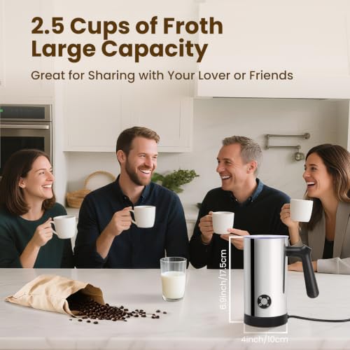 Casimhu 4-in-1 Electric Milk Frother with Light Silver Finish – Hot & Cold Foam, 10.6 oz
